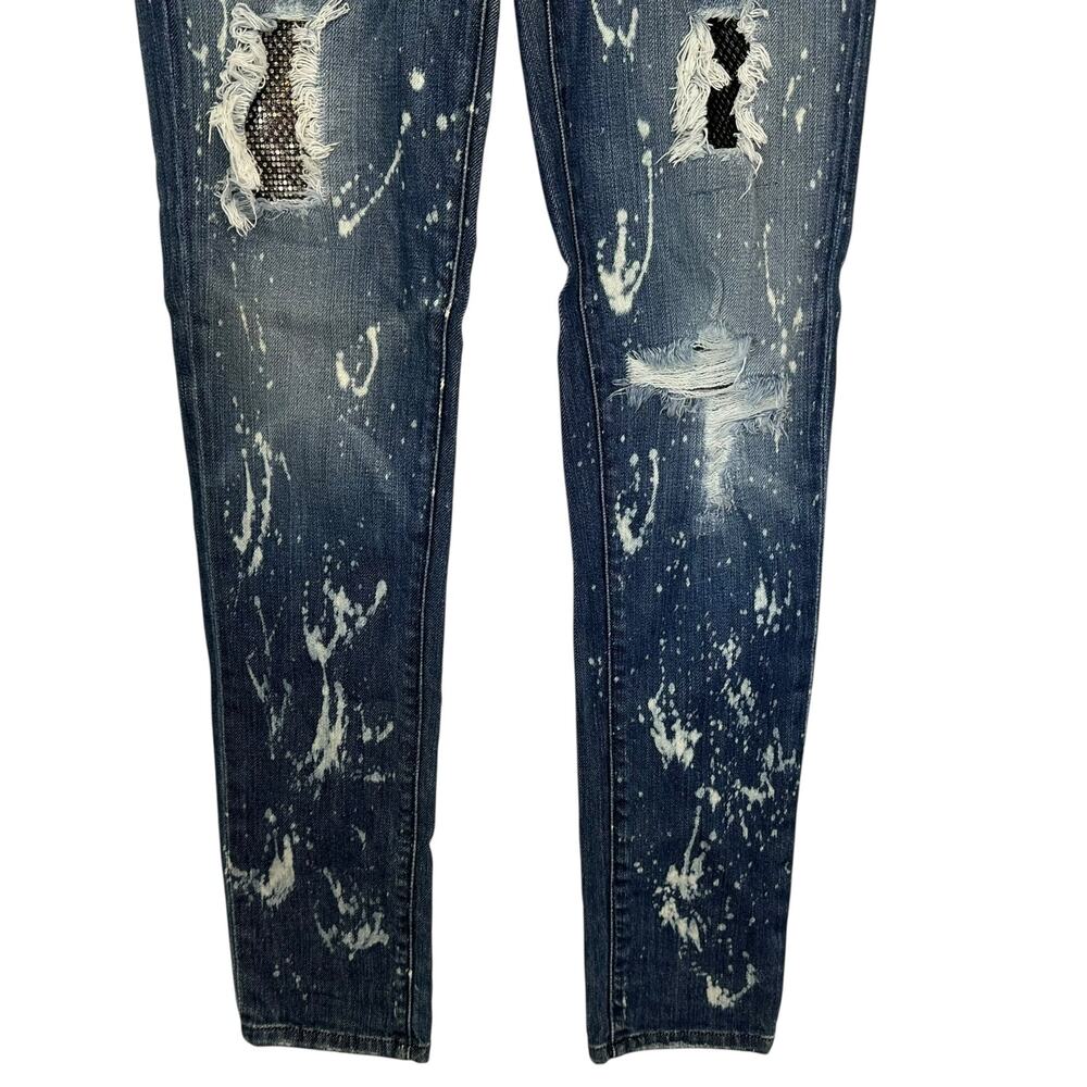 Bebe Destroyed Splatter Patchwork Rhinestone Skin… - image 4